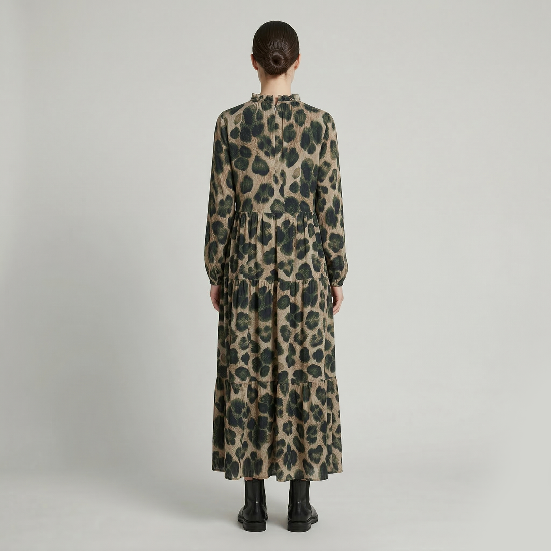 Tie Neck Long Satin Animal Pattern Dress